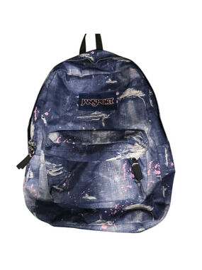 Jansport Superbreak Nylon Backpack Blue Pink Distressed Denim Look Front Zipper